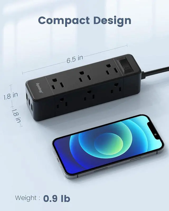 Alt view image 7 of 7 - Power Strip Surge Protector, 9 Widely Spaced Outlets with 3 USB Ports, 3 Side Outlet Extender with 6.5 Ft Extension Cord, 1050 Joules, Flat Plug, Wall Mount Charging Station for Home Office Dorm Black