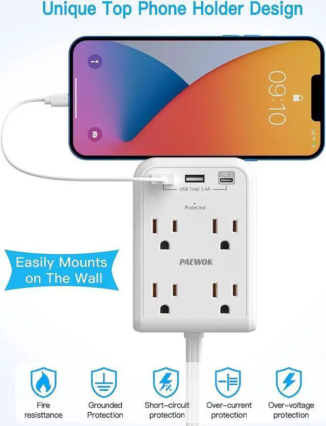 Alt view image 7 of 7 - Flat Multi Plug Extender with 3 USB Wall Charger(1 Type C), 4 Outlet Wall Adapter, 4 ft Thin Extension Cord, Flat Plug Surge Protector Power Strip for Home, Office, College Dorm. White