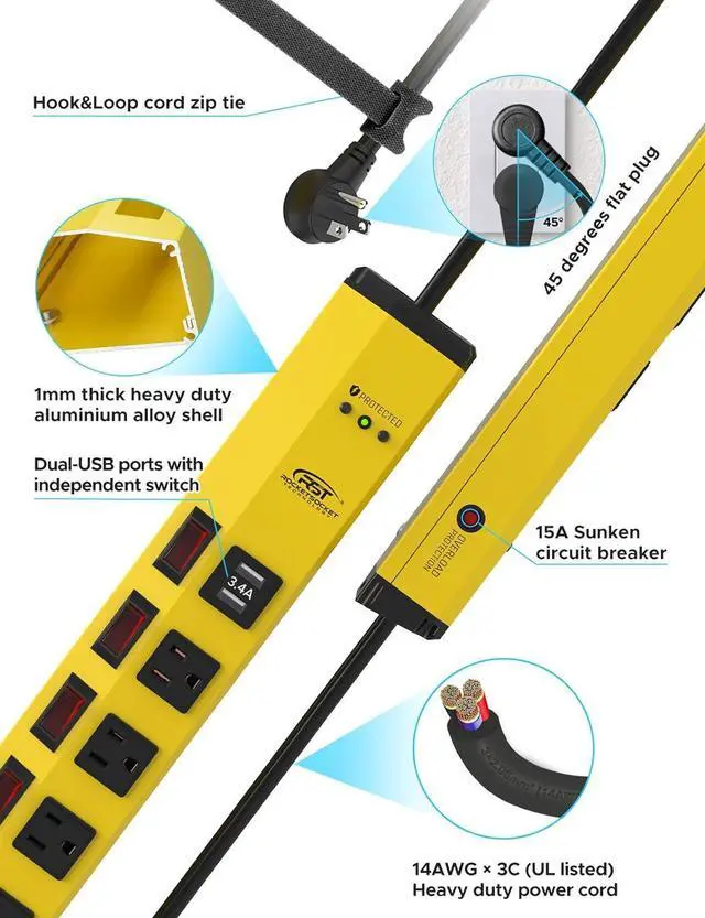Alt view image 4 of 7 - CRST 6-Outlet Heavy Duty Power Strip with USB and Individual Switches, 1200 Joules Metal Mountable Surge Protector Power Strip 15A Circuit Breaker, 6FT Extension Cord for Garage, Workshop, Home