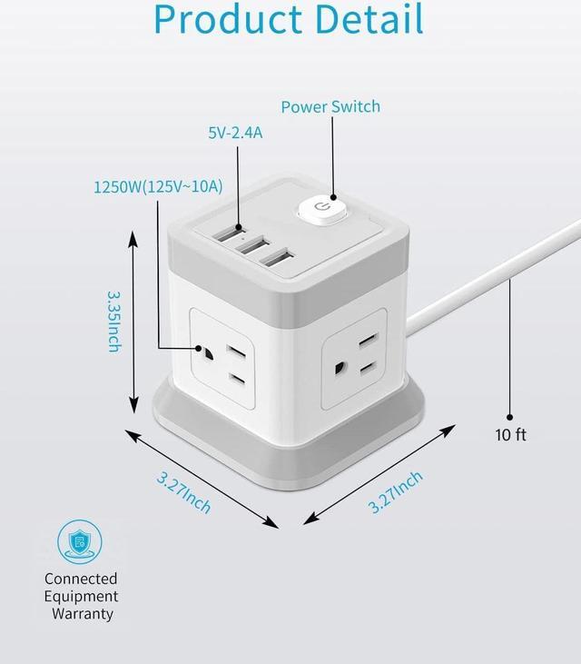 Alt view image 7 of 7 - Power Strip with USB C, FDTEK Desktop Power Cube Strip, 10 FT Extension Cord with 4 Outlets and 3 USB, Compact Power Strips Tower for Travel Home Office Cruise Ship - White