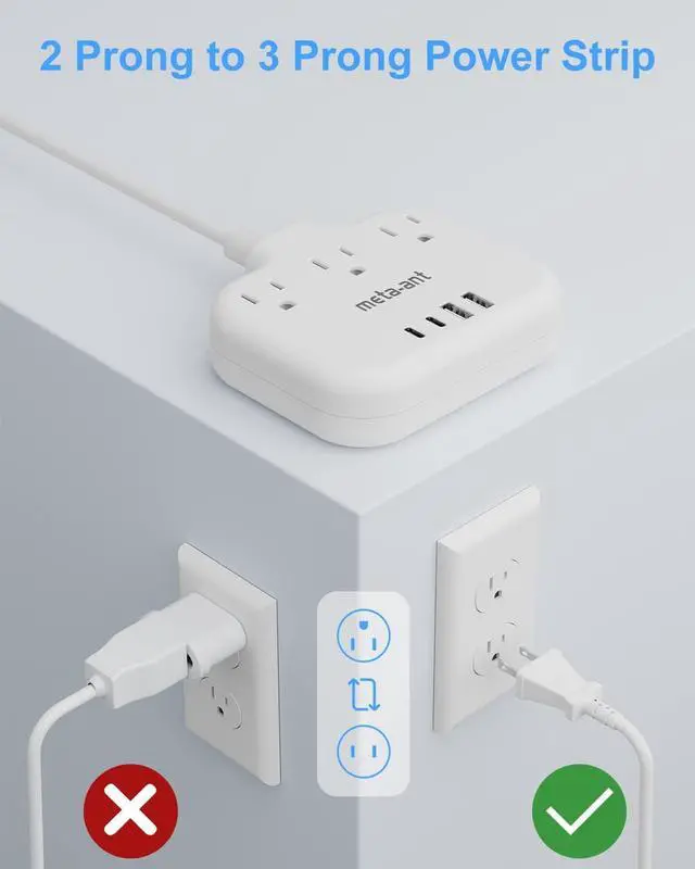 Alt view image 2 of 6 - 2 Prong Power Strip with USB C, meta-ant 2 Prong to 3 Prong Outlet Adapter, Two Prong Power Strip with 3 Outlets & 4 USB(2 USB-C), 4ft Extension Cord 2 Prong Outlet, Polarized, for Old House, White