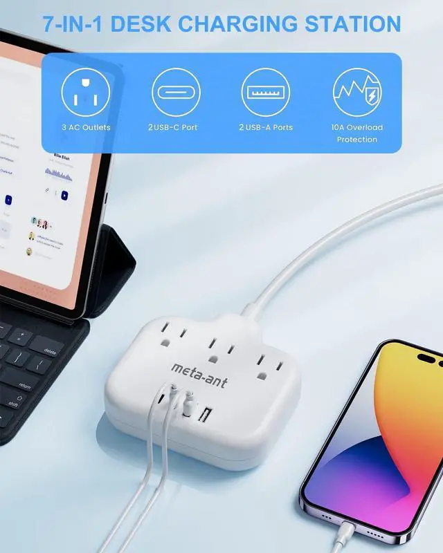 Alt view image 3 of 6 - 2 Prong Power Strip with USB C, meta-ant 2 Prong to 3 Prong Outlet Adapter, Two Prong Power Strip with 3 Outlets & 4 USB(2 USB-C), 4ft Extension Cord 2 Prong Outlet, Polarized, for Old House, White