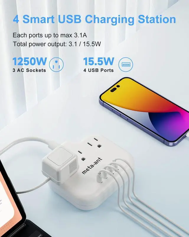 Alt view image 4 of 6 - 2 Prong Power Strip with USB C, meta-ant 2 Prong to 3 Prong Outlet Adapter, Two Prong Power Strip with 3 Outlets & 4 USB(2 USB-C), 4ft Extension Cord 2 Prong Outlet, Polarized, for Old House, White