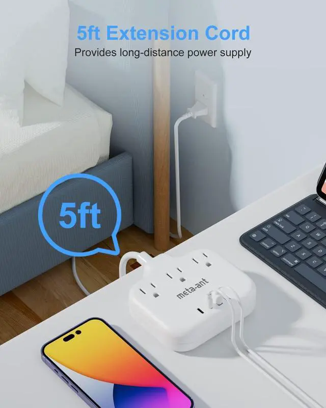 Alt view image 5 of 6 - 2 Prong Power Strip with USB C, meta-ant 2 Prong to 3 Prong Outlet Adapter, Two Prong Power Strip with 3 Outlets & 4 USB(2 USB-C), 4ft Extension Cord 2 Prong Outlet, Polarized, for Old House, White