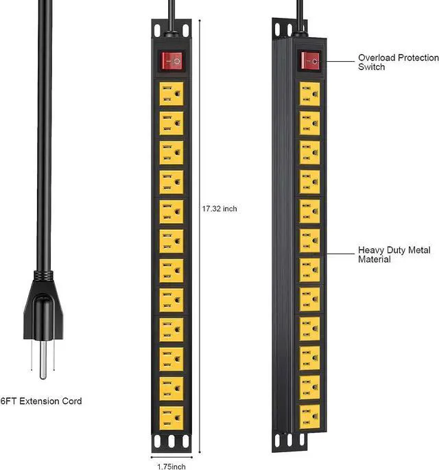 Alt view image 2 of 7 - BTU Power Strip Surge Protector Rack-Mount PDU, 12 Outlet Power Strip with Switch, Metal Mountable Heavy Duty for Server Racks, Garage Shop, Industrial Commercial (Yellow 6FT)