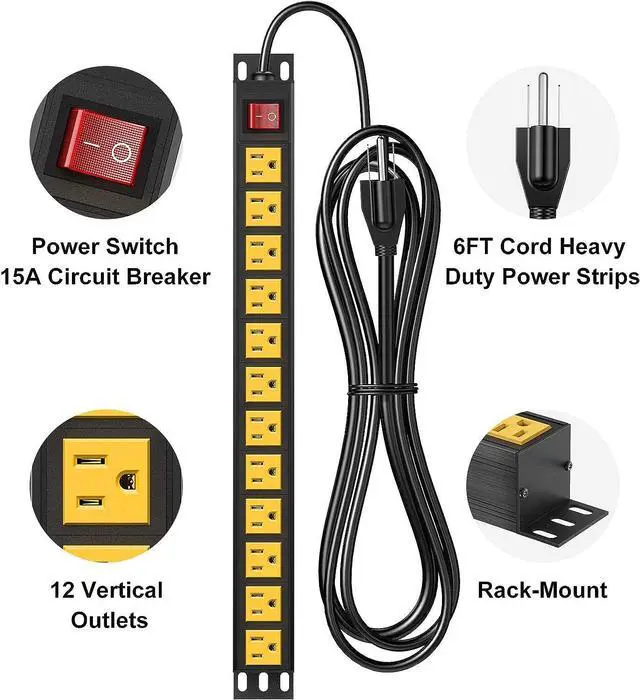 Alt view image 3 of 7 - BTU Power Strip Surge Protector Rack-Mount PDU, 12 Outlet Power Strip with Switch, Metal Mountable Heavy Duty for Server Racks, Garage Shop, Industrial Commercial (Yellow 6FT)