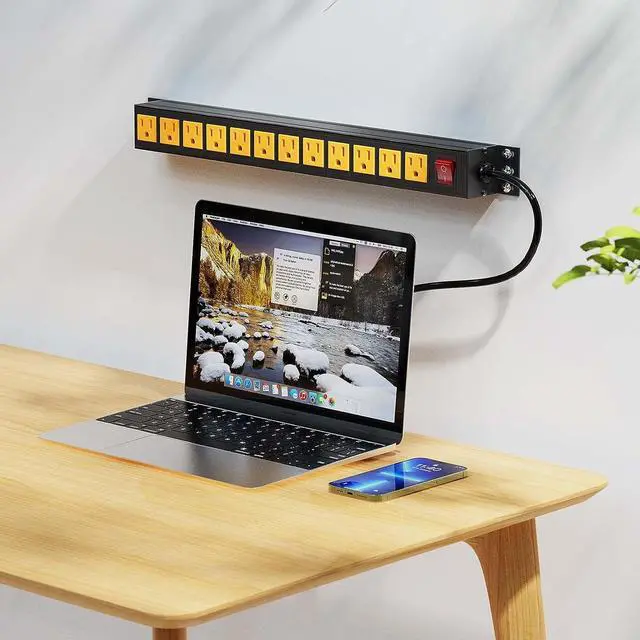 Alt view image 4 of 7 - BTU Power Strip Surge Protector Rack-Mount PDU, 12 Outlet Power Strip with Switch, Metal Mountable Heavy Duty for Server Racks, Garage Shop, Industrial Commercial (Yellow 6FT)