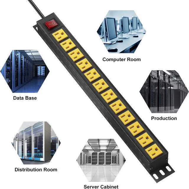 Alt view image 6 of 7 - BTU Power Strip Surge Protector Rack-Mount PDU, 12 Outlet Power Strip with Switch, Metal Mountable Heavy Duty for Server Racks, Garage Shop, Industrial Commercial (Yellow 6FT)
