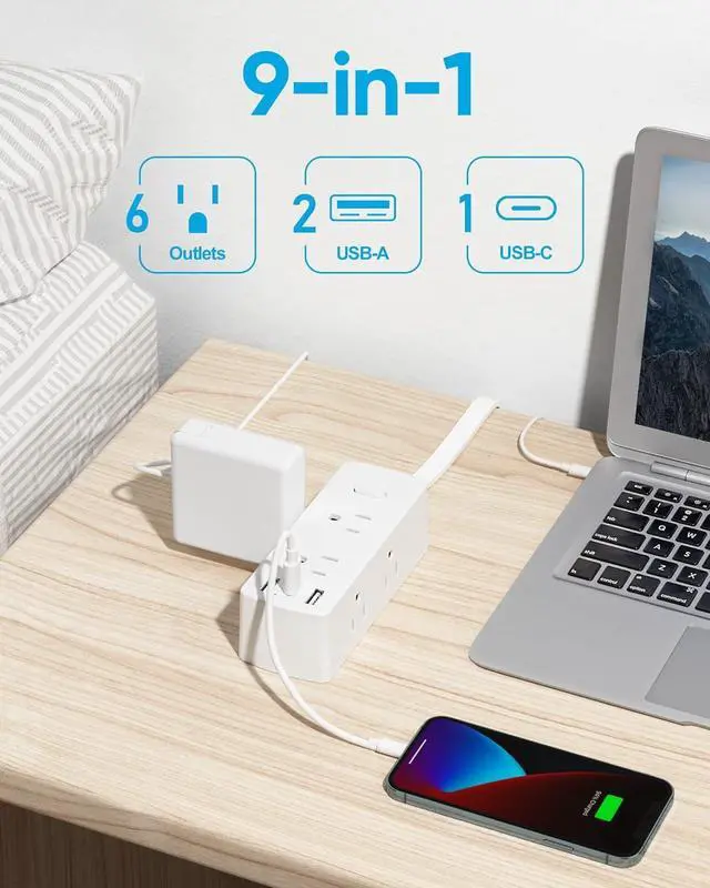 Alt view image 3 of 7 - Power Strip Surge Protector, Olcorife Ultra Thin Flat Plug Extension Cord 5ft, 6 Outlets 3 USB Ports(1 USB C), 3 Sided Outlet Extender for Home Office Travel Dorm Room Essentials, White