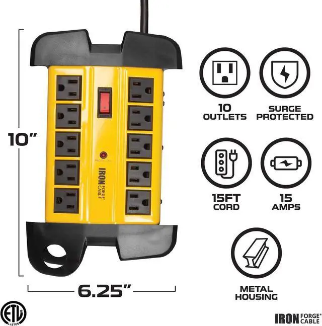 Alt view image 2 of 6 - 10 Outlet Heavy Duty Surge Protector Power Strip - 14/3 SJT Industrial Black and Yellow Metal Surge Suppressor with 15 Foot Long Extension Cord