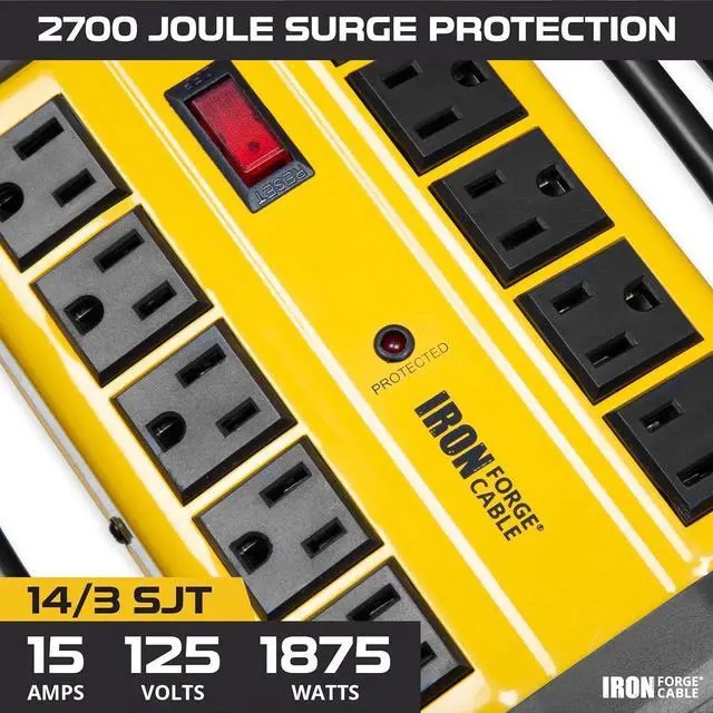 Alt view image 3 of 6 - 10 Outlet Heavy Duty Surge Protector Power Strip - 14/3 SJT Industrial Black and Yellow Metal Surge Suppressor with 15 Foot Long Extension Cord