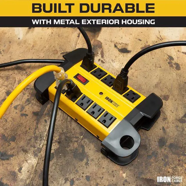 Alt view image 4 of 6 - 10 Outlet Heavy Duty Surge Protector Power Strip - 14/3 SJT Industrial Black and Yellow Metal Surge Suppressor with 15 Foot Long Extension Cord