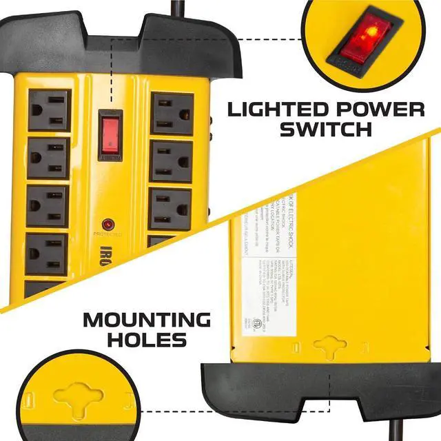 Alt view image 5 of 6 - 10 Outlet Heavy Duty Surge Protector Power Strip - 14/3 SJT Industrial Black and Yellow Metal Surge Suppressor with 15 Foot Long Extension Cord