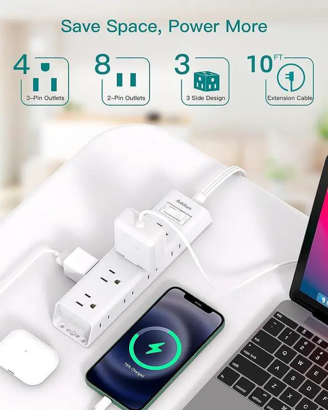 Alt view image 2 of 7 - 10FT Extension Cord - Power Strip Surge Protector, Flat Plug, Addtam 12 Widely Outlets 3 Sides Outlet Extender, 900J, Wall Mount, Desk Charging Station Compact for Home Office Dorm Room Essentials