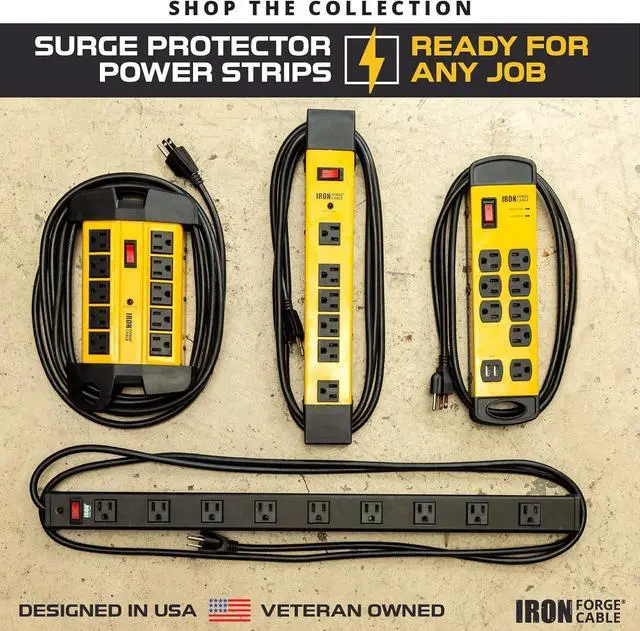 Alt view image 6 of 6 - 10 Outlet Heavy Duty Surge Protector Power Strip - 14/3 SJT Industrial Black and Yellow Metal Surge Suppressor with 15 Foot Long Extension Cord