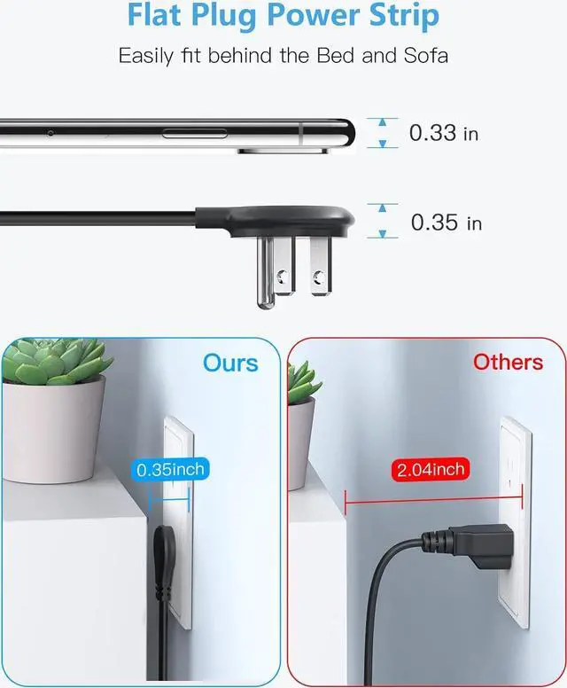 Alt view image 4 of 7 - Desk Clamp Power Strip with PD 20W USB C, Desktop Edge Mount Surge Protector with 6 Outlet, Table Edge Socket with Switch, 6 ft Flat Plug Slim Extension Cord, Fit 1.8 inch Tabletop Edge Thick