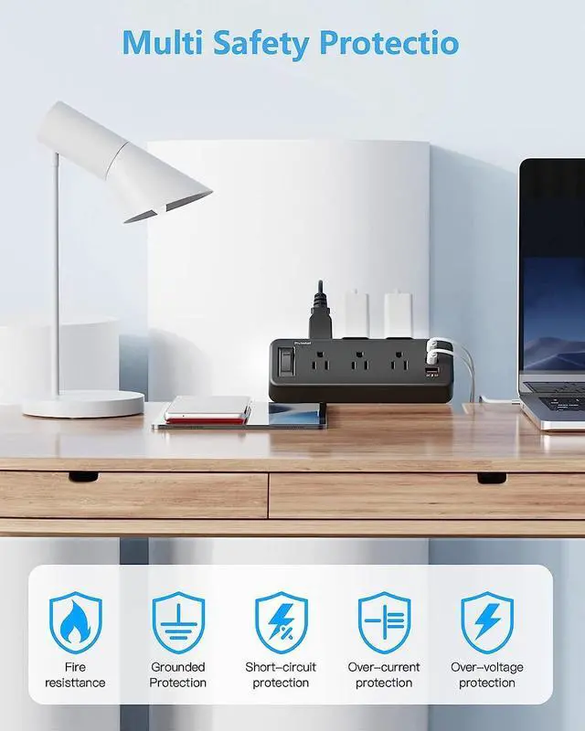 Alt view image 7 of 7 - Desk Clamp Power Strip with PD 20W USB C, Desktop Edge Mount Surge Protector with 6 Outlet, Table Edge Socket with Switch, 6 ft Flat Plug Slim Extension Cord, Fit 1.8 inch Tabletop Edge Thick