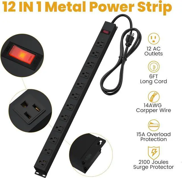 Alt view image 4 of 6 - 12 Outlet Long Power Strip Surge Protector with 2100 Joules, 6FT Power Cord, Wide Spaced Outlet Power Bar, Overload Protection Switch, Industrial Heavy Duty for Work Bench, Shop, Garage (Black),2 Pack