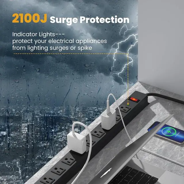 Alt view image 2 of 6 - 12 Outlet Long Power Strip Surge Protector with 2100 Joules, 6FT Power Cord, Wide Spaced Outlet Power Bar, Overload Protection Switch, Industrial Heavy Duty for Work Bench, Shop, Garage (Black),2 Pack