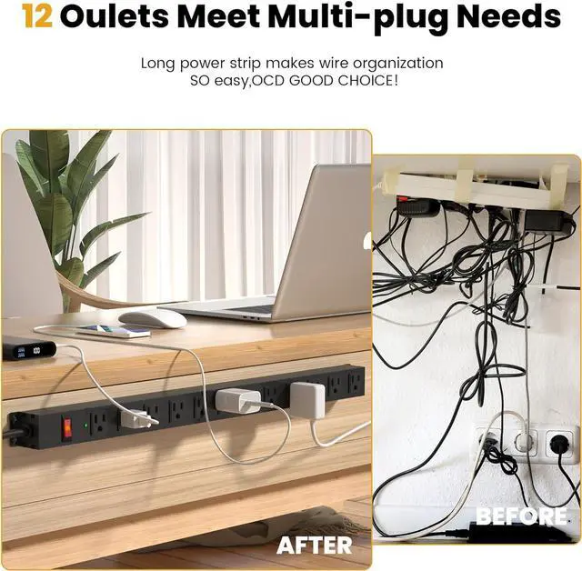 Alt view image 3 of 6 - 12 Outlet Long Power Strip Surge Protector with 2100 Joules, 6FT Power Cord, Wide Spaced Outlet Power Bar, Overload Protection Switch, Industrial Heavy Duty for Work Bench, Shop, Garage (Black),2 Pack
