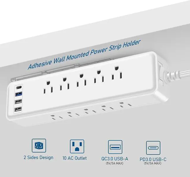 Alt view image 2 of 7 - Under Desk Power Strip Surge Protector PD 20W USB C,2 Side Outlet Extender,with Power Strip Holder,Adhesive Wall Mountable,10 Outlets,Extra Thin Flat Plug,15FT Slim Extension Cord,White
