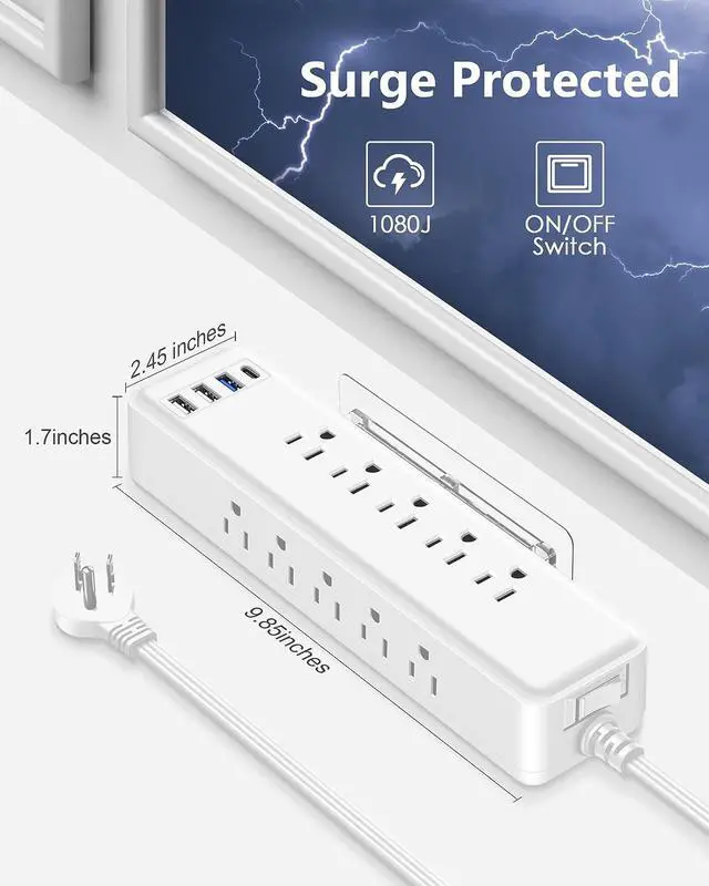 Alt view image 7 of 7 - Under Desk Power Strip Surge Protector PD 20W USB C,2 Side Outlet Extender,with Power Strip Holder,Adhesive Wall Mountable,10 Outlets,Extra Thin Flat Plug,15FT Slim Extension Cord,White
