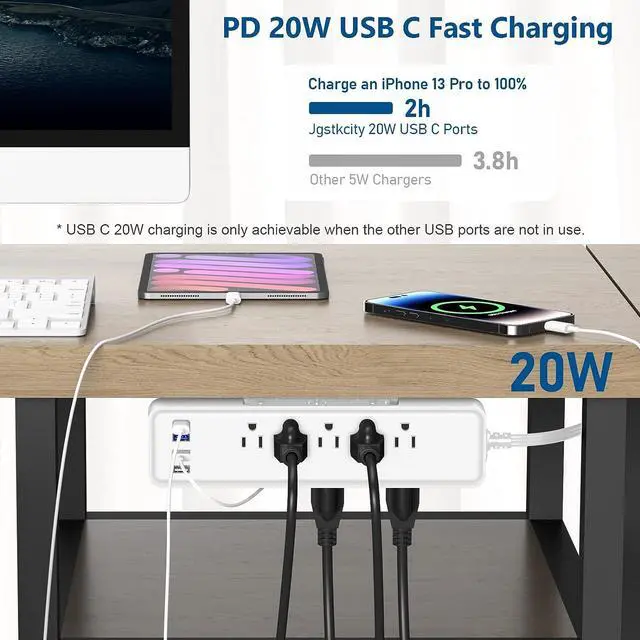 Alt view image 4 of 7 - Under Desk Power Strip Surge Protector PD 20W USB C,2 Side Outlet Extender,with Power Strip Holder,Adhesive Wall Mountable,10 Outlets,Extra Thin Flat Plug,15FT Slim Extension Cord,White