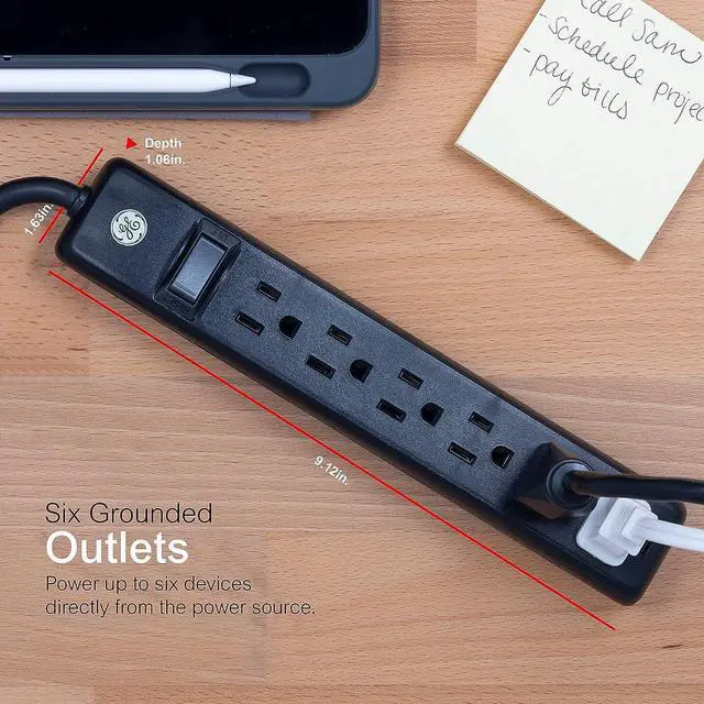Alt view image 3 of 6 - GE 6-Outlet Power Strip, 6 Ft Extension Cord, Heavy Duty Plug, Grounded, Integrated Circuit Breaker, 3-Prong, Wall Mount, UL Listed, Black, 14088