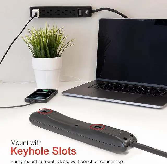 Alt view image 4 of 6 - GE 6-Outlet Power Strip, 6 Ft Extension Cord, Heavy Duty Plug, Grounded, Integrated Circuit Breaker, 3-Prong, Wall Mount, UL Listed, Black, 14088