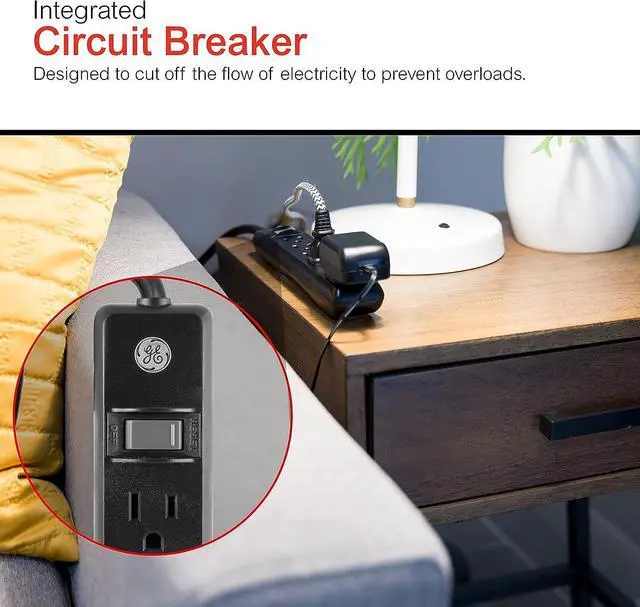 Alt view image 5 of 6 - GE 6-Outlet Power Strip, 6 Ft Extension Cord, Heavy Duty Plug, Grounded, Integrated Circuit Breaker, 3-Prong, Wall Mount, UL Listed, Black, 14088
