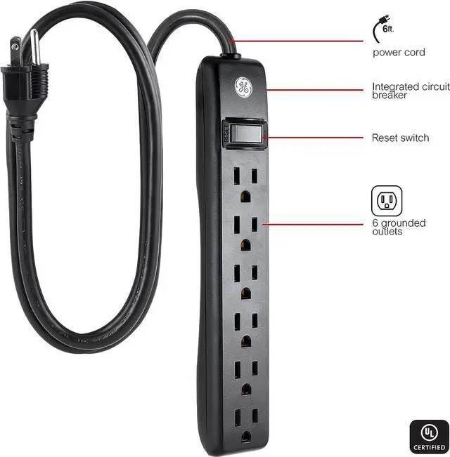 Alt view image 2 of 6 - GE 6-Outlet Power Strip, 6 Ft Extension Cord, Heavy Duty Plug, Grounded, Integrated Circuit Breaker, 3-Prong, Wall Mount, UL Listed, Black, 14088