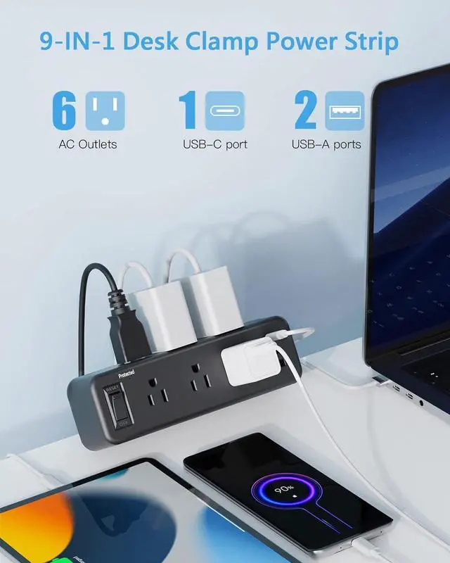 Alt view image 2 of 7 - Desk Clamp Power Strip with PD 20W USB C, Desktop Edge Mount Surge Protector with 6 Outlet, Table Edge Socket with Switch, 6 ft Flat Plug Slim Extension Cord, Fit 1.8 inch Tabletop Edge Thick