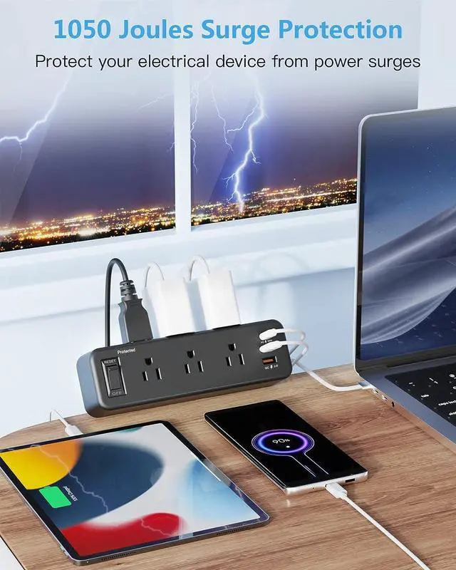 Alt view image 5 of 7 - Desk Clamp Power Strip with PD 20W USB C, Desktop Edge Mount Surge Protector with 6 Outlet, Table Edge Socket with Switch, 6 ft Flat Plug Slim Extension Cord, Fit 1.8 inch Tabletop Edge Thick