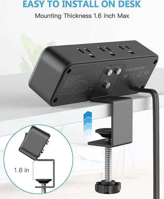 Alt view image 6 of 7 - Desk Clamp Power Strip with PD 20W USB C, Desktop Edge Mount Surge Protector with 6 Outlet, Table Edge Socket with Switch, 6 ft Flat Plug Slim Extension Cord, Fit 1.8 inch Tabletop Edge Thick