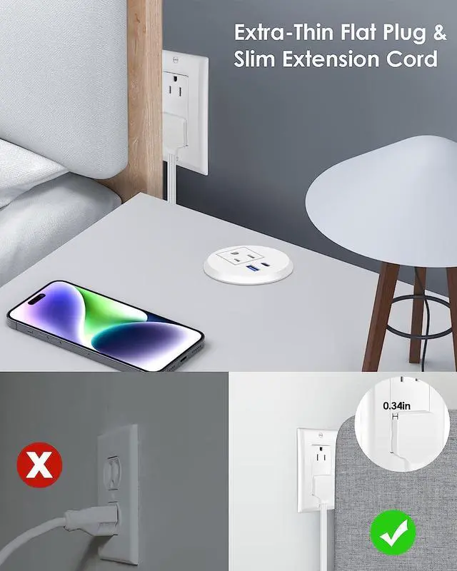 Alt view image 3 of 7 - 2 inch Desk Power Grommet with PD 20W USB C,Ultra-Flat Plug Power Strip,Recessed Outlet,Desktop Power Grommet for Office PC Desk Cable Cord Cover,Table Outlets for Home, Office,6 ft Cable(White)