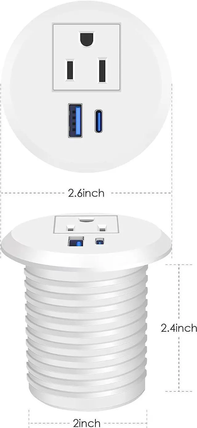 Alt view image 6 of 7 - 2 inch Desk Power Grommet with PD 20W USB C,Ultra-Flat Plug Power Strip,Recessed Outlet,Desktop Power Grommet for Office PC Desk Cable Cord Cover,Table Outlets for Home, Office,6 ft Cable(White)