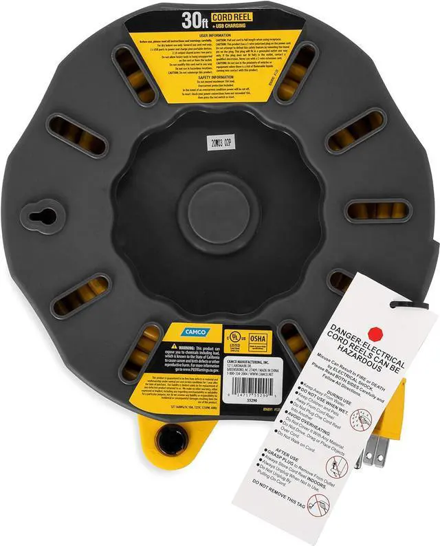 Alt view image 2 of 4 - Camco 30-Ft 10 Amp RV Extension Cord Reel - Rated for 125V / 1,250W - Features 4 125V Electrical Outlets & 2 USB Ports - Includes On/Off Switch & Built-In Circuit Breaker (55290)