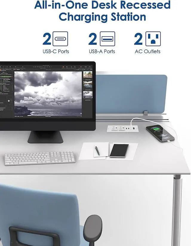 Alt view image 4 of 7 - Recessed Power Strip with 30W USB C,Ultra Thin Flat Plug Power Strip,2 Outlets 4 USB Ports,Furniture Flush Mount Desk Outlet,Recessed Outlet for Side Table/Sofa Table,6ft Cord (White)