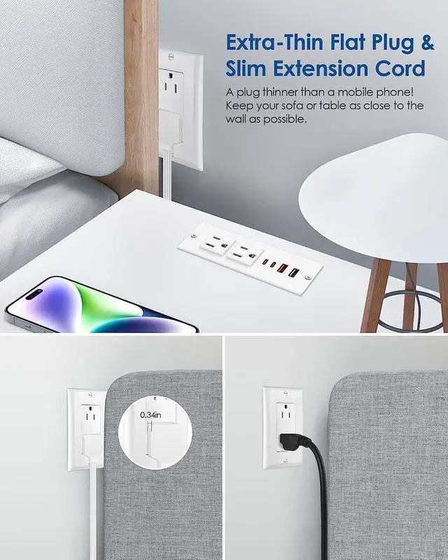 Alt view image 2 of 7 - Recessed Power Strip with 30W USB C,Ultra Thin Flat Plug Power Strip,2 Outlets 4 USB Ports,Furniture Flush Mount Desk Outlet,Recessed Outlet for Side Table/Sofa Table,6ft Cord (White)
