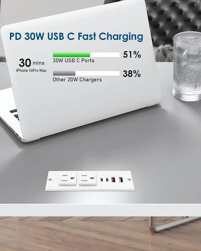 Alt view image 3 of 7 - Recessed Power Strip with 30W USB C,Ultra Thin Flat Plug Power Strip,2 Outlets 4 USB Ports,Furniture Flush Mount Desk Outlet,Recessed Outlet for Side Table/Sofa Table,6ft Cord (White)