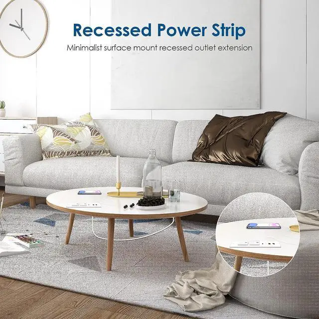 Alt view image 6 of 7 - Recessed Power Strip with 30W USB C,Ultra Thin Flat Plug Power Strip,2 Outlets 4 USB Ports,Furniture Flush Mount Desk Outlet,Recessed Outlet for Side Table/Sofa Table,6ft Cord (White)
