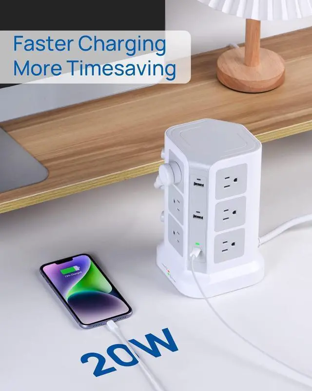 Alt view image 2 of 7 - KOOSLA Dual 20W USB-C Power Strip Tower, Surge Protector Power Strip, Power Tower with USB Ports and Widely Spaced AC Outlets,1875W/15A, Charging Tower with 6.5ft Heavy-Duty Extension Cord White