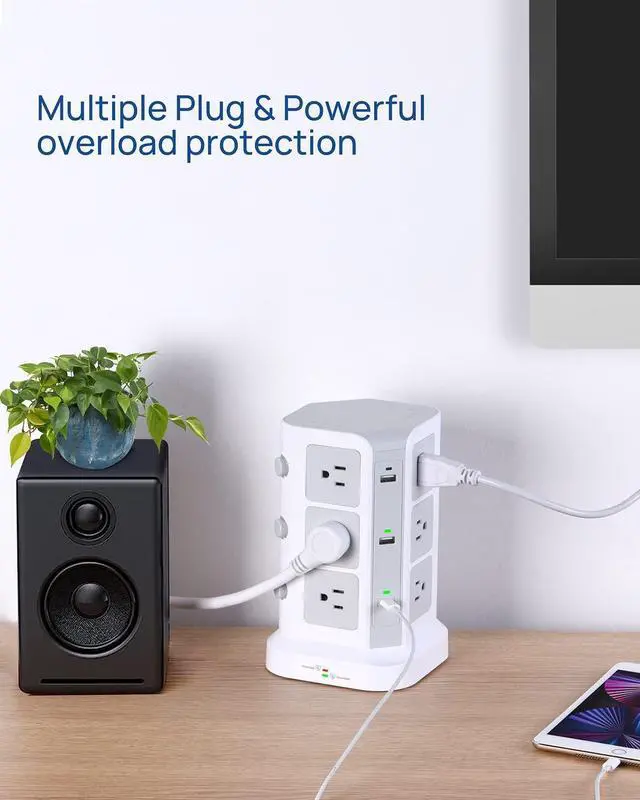 Alt view image 4 of 7 - KOOSLA Dual 20W USB-C Power Strip Tower, Surge Protector Power Strip, Power Tower with USB Ports and Widely Spaced AC Outlets,1875W/15A, Charging Tower with 6.5ft Heavy-Duty Extension Cord White