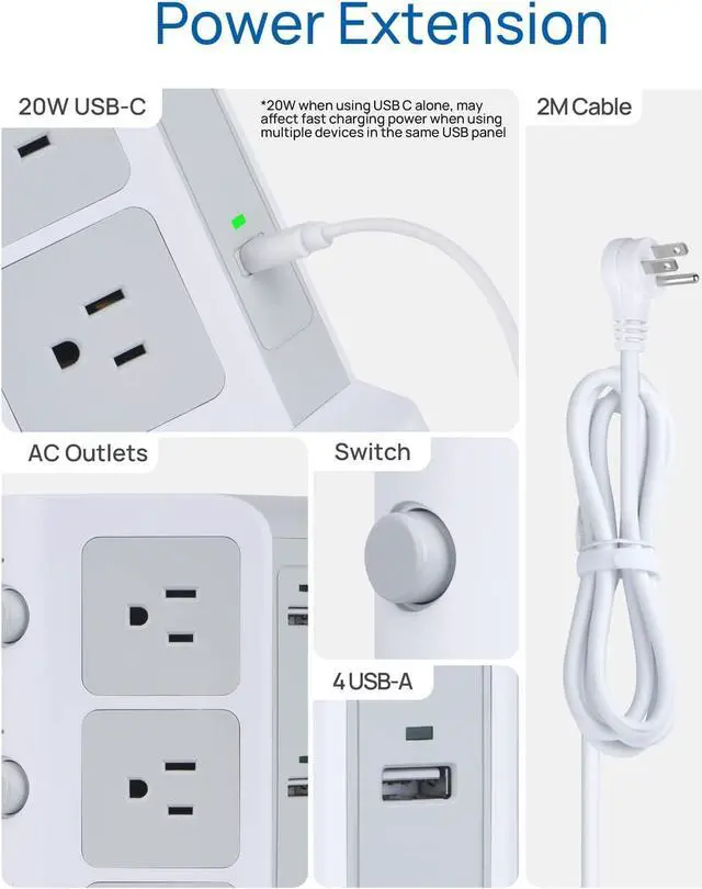Alt view image 6 of 7 - KOOSLA Dual 20W USB-C Power Strip Tower, Surge Protector Power Strip, Power Tower with USB Ports and Widely Spaced AC Outlets,1875W/15A, Charging Tower with 6.5ft Heavy-Duty Extension Cord White