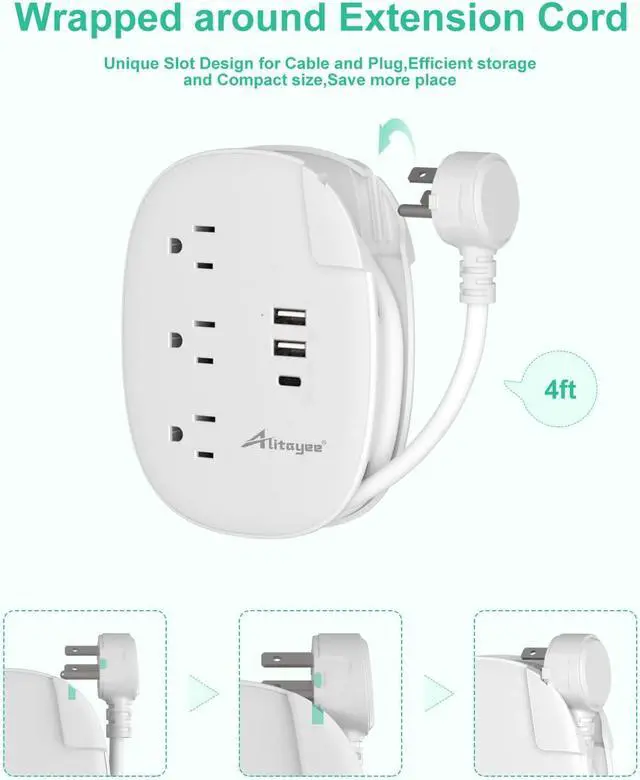 Alt view image 4 of 7 - Alitayee USB C Travel Power Strip,Portable Power Strip with 3 Outlets 3 USB Ports Fast Charge, USB Extension Cord with Flat Plug and 4ft Wrapped Around Extension Cord for Cruise Travel Home Office