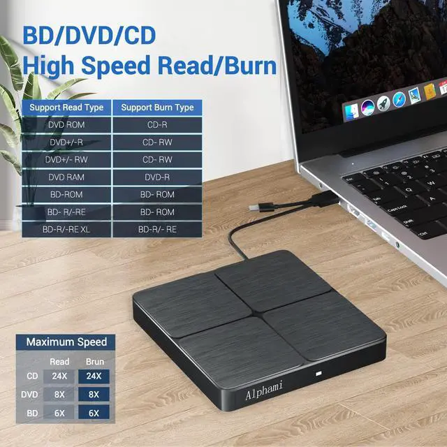 Alt view image 2 of 7 - Alphami External Blu ray Drive, USB 3.0 and Type-C Portable Blu-ray Burner DVD Drive 3D Slim Optical Bluray CD DVD Drive for Windows XP/7/8/10MacOS