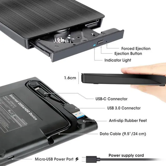 Alt view image 6 of 6 - External CD DVD +/-RW Drive USB 3.0 & USB-C Portable CD/DVD ROM Player Burner Reader Writer Rewriter Optical Disc Drive for Laptop Desktop PC, Windows 11/10/8/7, Apple Mac, Linux OS