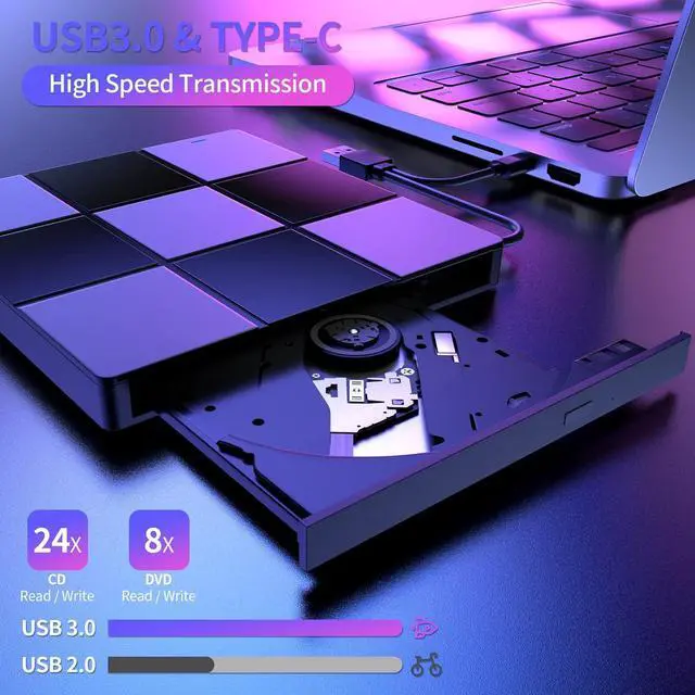 Alt view image 4 of 7 - External CD/DVD Drive for Laptop, USB 3.0 & Type-C CD Burner DVD Player, Portable CD DVD +/-RW Drive - Plug and Play, Compatible with Windows 10&11 Linux MacBook PC (Black)