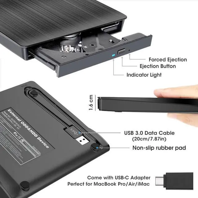 Alt view image 5 of 7 - External CD/DVD Drive USB 3.0 Portable CD DVD Player Burner Reader Writer CD/DVD-ROM +/-RW Optical Disk Drive for Laptop PC Mac Windows 11/10/8/7 Linux Computer with Carrying Case