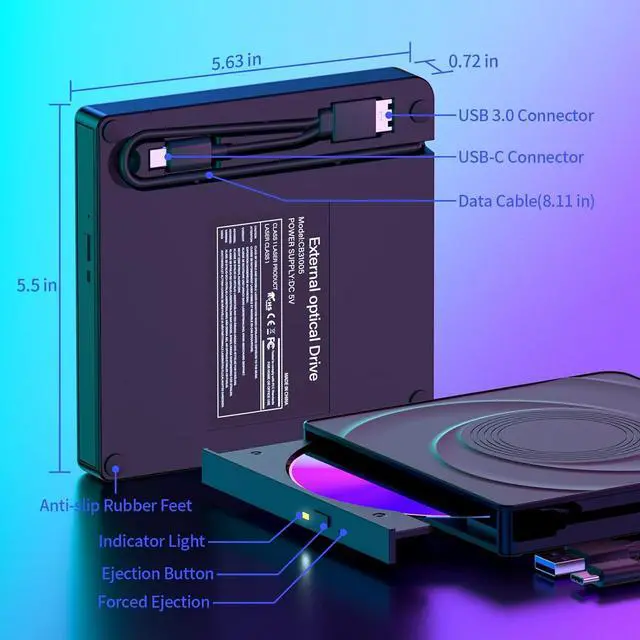 Alt view image 6 of 7 - External CD/DVD Drive for Laptop,PC,Mac.Portable DVD Write CD Burner RW ROM Optical Drive Player Reader Disk Disc for USB 3.0 Type C,with 2 USB Ports and 2 TF/SD Card Slots,Windows,Linux OS